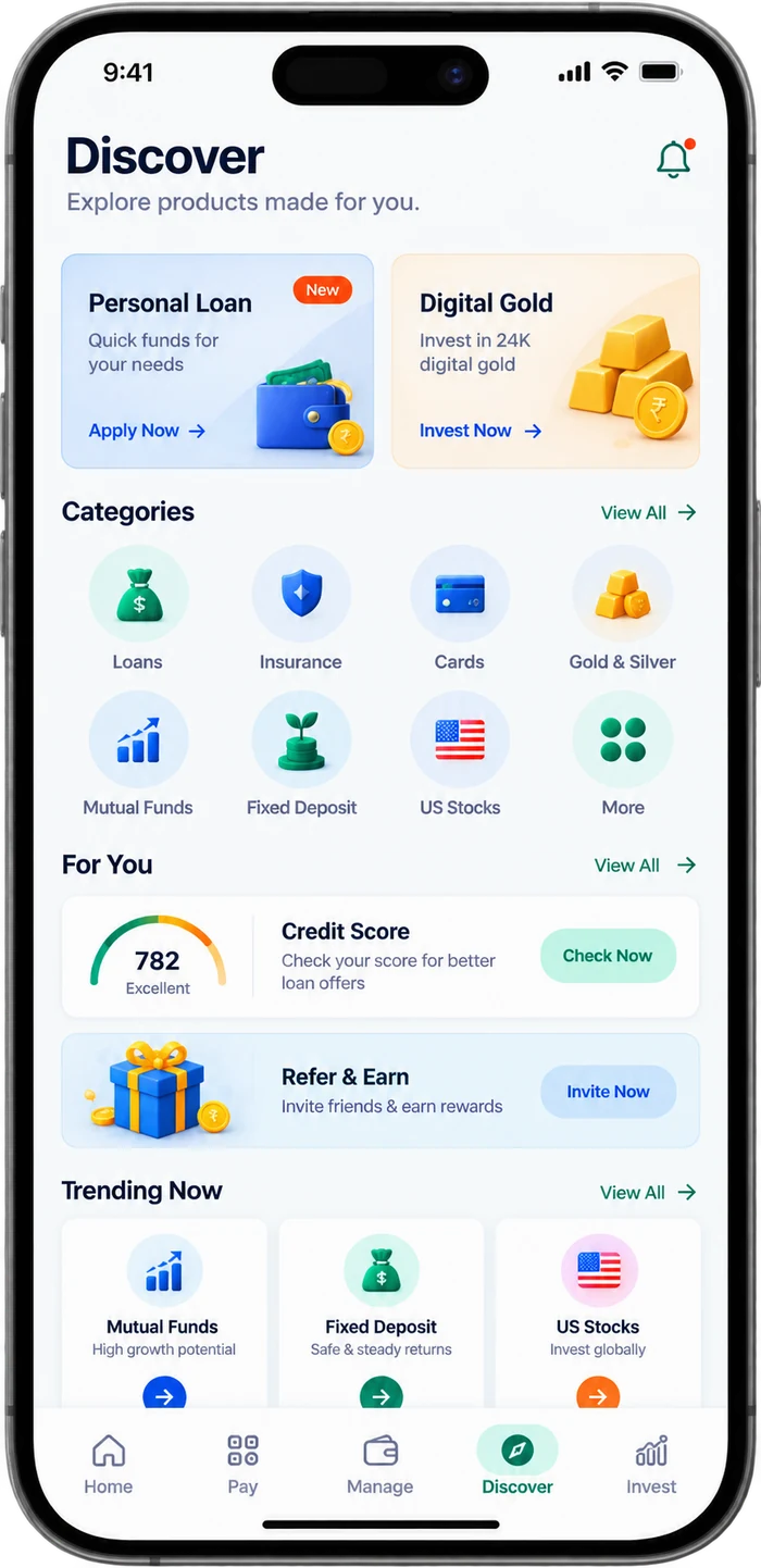 Dhaniti app Discover screen with loans, insurance and credit score