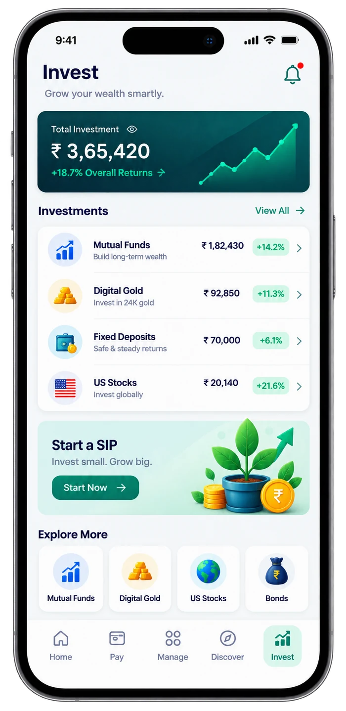 Dhaniti app Invest screen with mutual funds, digital gold and fixed deposits