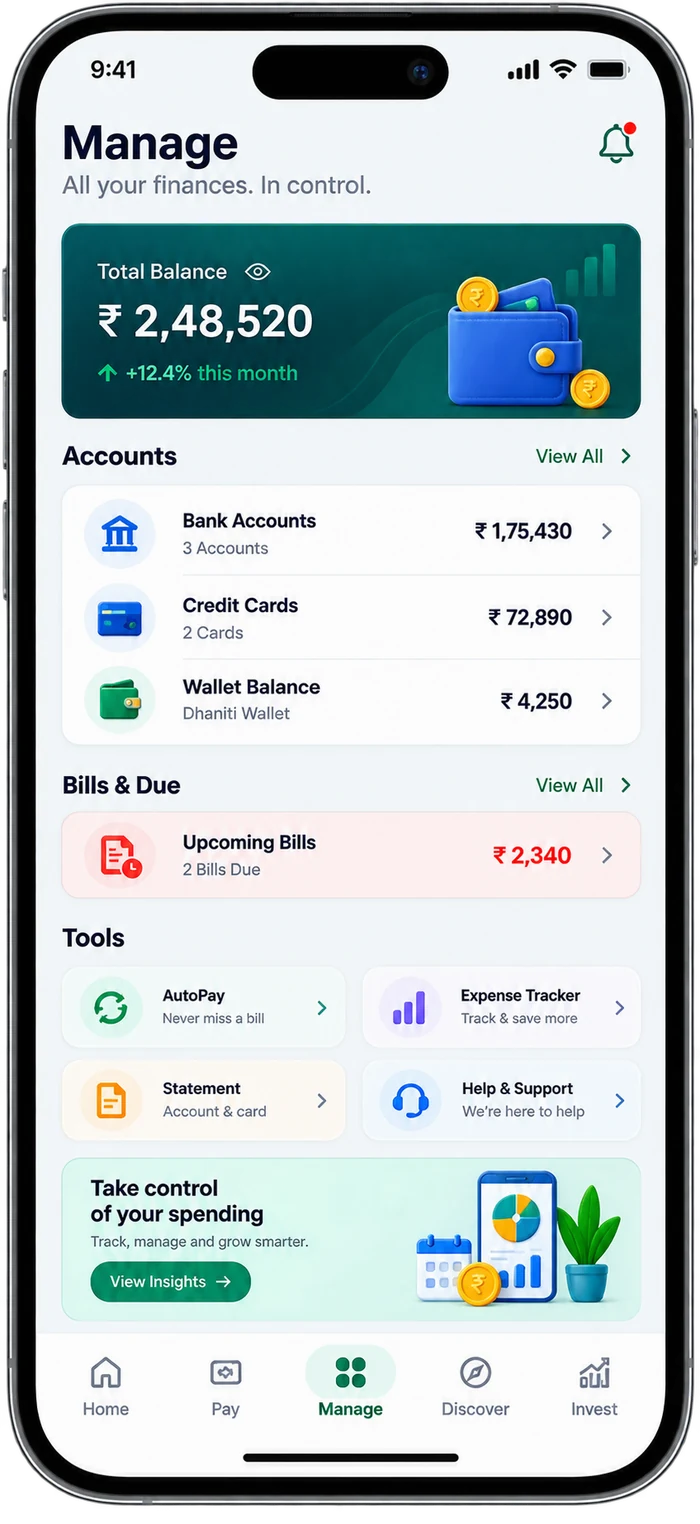 Dhaniti app Manage screen with accounts, bills and money tools